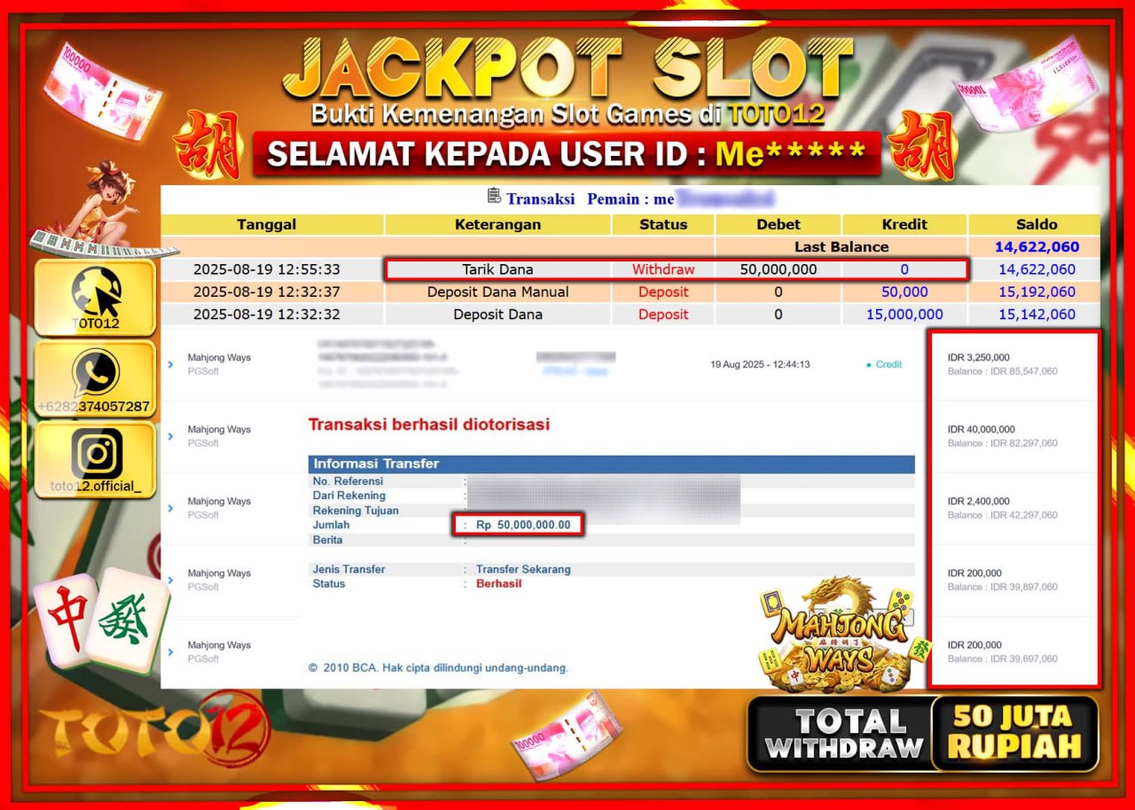 HANYA DI TOTO12 JP PASTI DI BAYAR LUNAS DAN CEPAT!!!!!! JACKPOT SLOT GAME (MAHJONG WAYS) Rp.50.000.000 !!!!