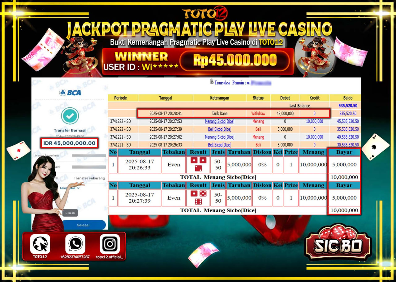 HANYA DI TOTO12 JP PASTI DI BAYAR LUNAS DAN CEPAT!!!!!! JACKPOT LIVE CASINO (SIC BO) Rp.45.000.000 !!!!