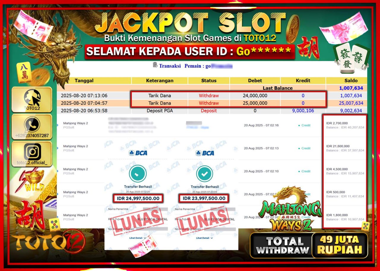 HANYA DI TOTO12 JP PASTI DI BAYAR LUNAS DAN CEPAT!!!!!! JACKPOT SLOT GAME (MAHJONG WAYS 2) Rp.49.000.000 !!!!