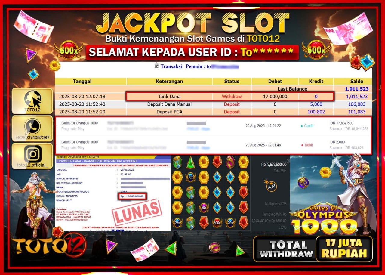 HANYA DI TOTO12 JP PASTI DI BAYAR LUNAS DAN CEPAT!!!!!! JACKPOT SLOT GAME (GATES OF OLYMPUS 1000) Rp.17.000.000 !!!!