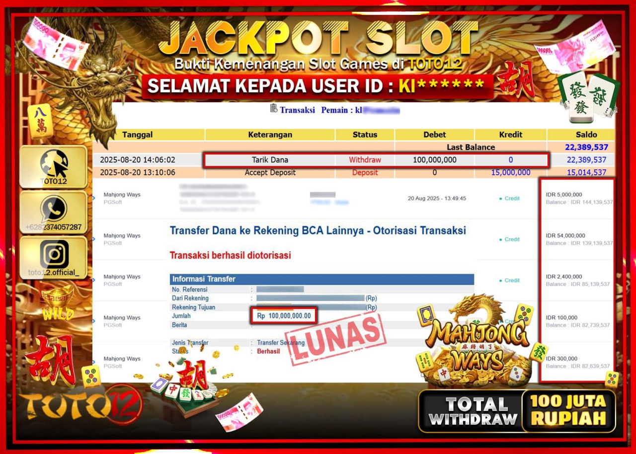 HANYA DI TOTO12 JP PASTI DI BAYAR LUNAS DAN CEPAT!!!!!! JACKPOT SLOT GAME (MAHJONG WAYS) Rp.100.000.000 !!!!
