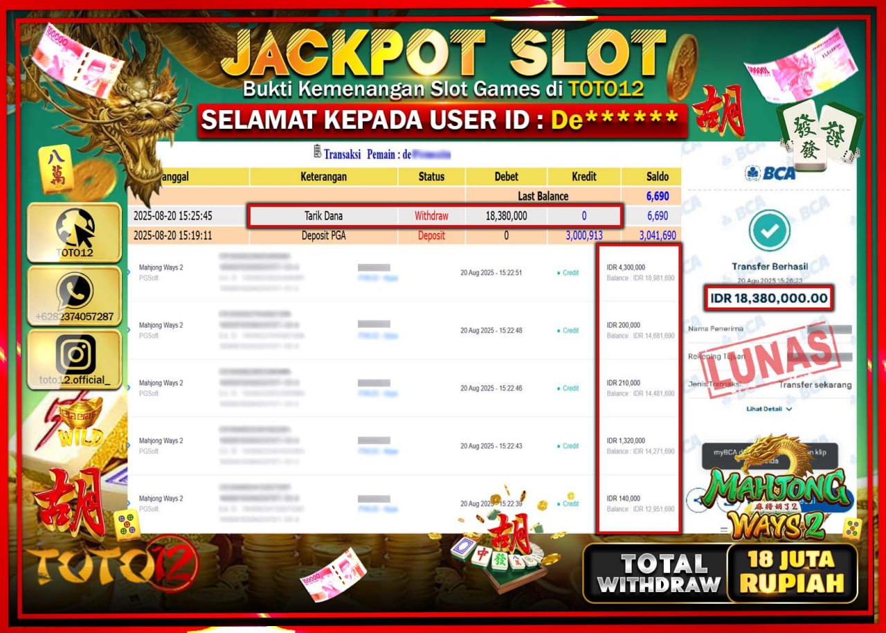 HANYA DI TOTO12 JP PASTI DI BAYAR LUNAS DAN CEPAT!!!!!! JACKPOT SLOT GAME (MAHJONG WAYS 2) Rp.18.380.000 !!!!