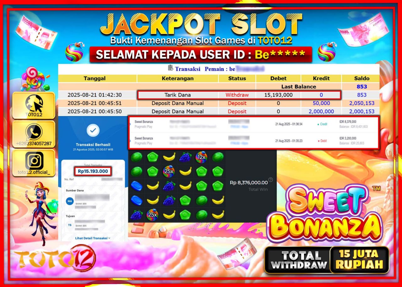 HANYA DI TOTO12 JP PASTI DI BAYAR LUNAS DAN CEPAT!!!!!! JACKPOT SLOT GAME (SWEET BONANZA) Rp.15.193.000 !!!!