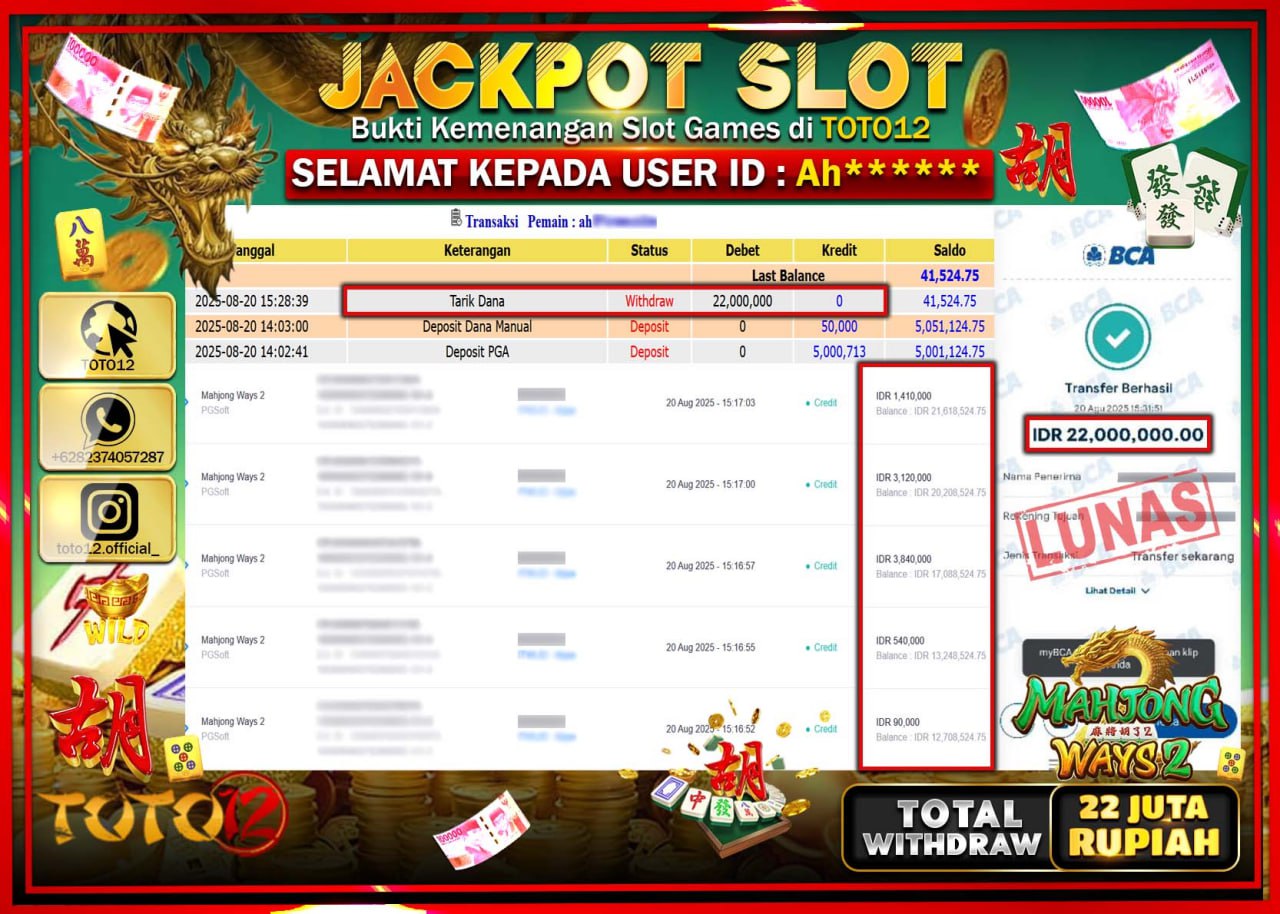 HANYA DI TOTO12 JP PASTI DI BAYAR LUNAS DAN CEPAT!!!!!! JACKPOT SLOT GAME (MAHJONG WAYS 2) Rp.22.000.000 !!!!