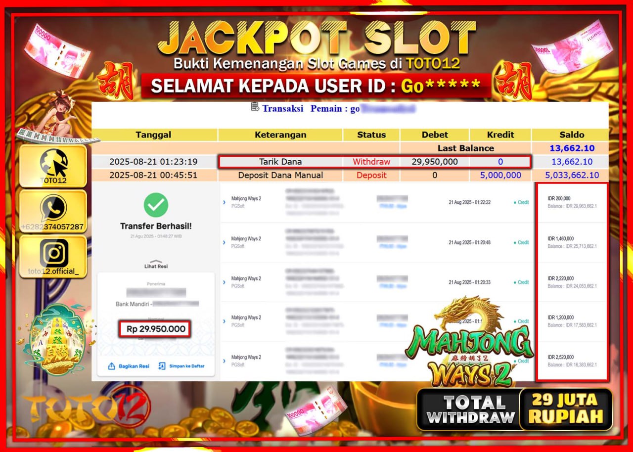 HANYA DI TOTO12 JP PASTI DI BAYAR LUNAS DAN CEPAT!!!!!! JACKPOT SLOT GAME (MAHJONG WAYS 2) Rp.29.950.000 !!!!