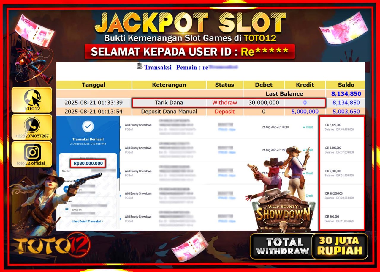 HANYA DI TOTO12 JP PASTI DI BAYAR LUNAS DAN CEPAT!!!!!! JACKPOT SLOT GAME (WILD BOUNTY SHOWDOWN) Rp.30.000.000 !!!!