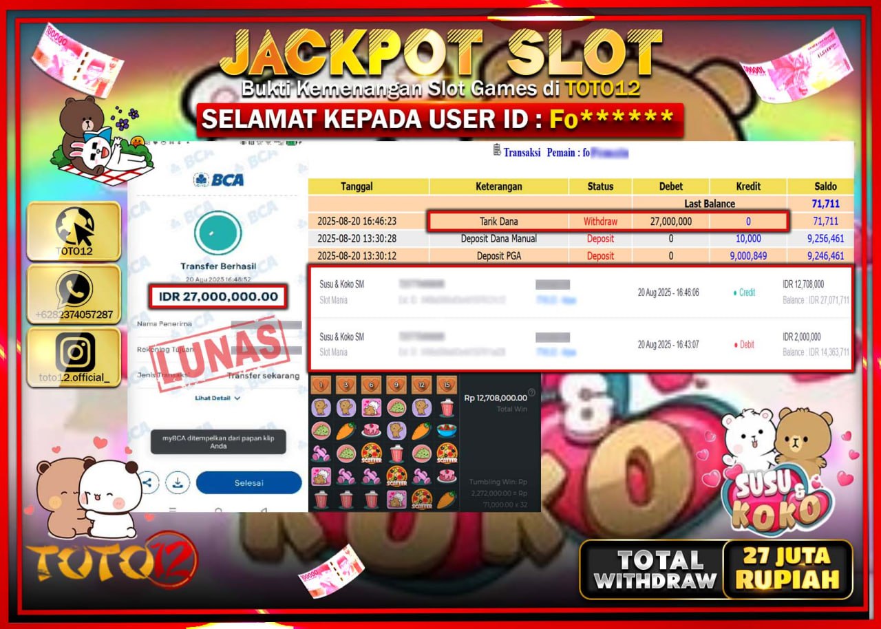 HANYA DI TOTO12 JP PASTI DI BAYAR LUNAS DAN CEPAT!!!!!! JACKPOT SLOT GAME (SUSU & KOKO) Rp.27.000.000 !!!!