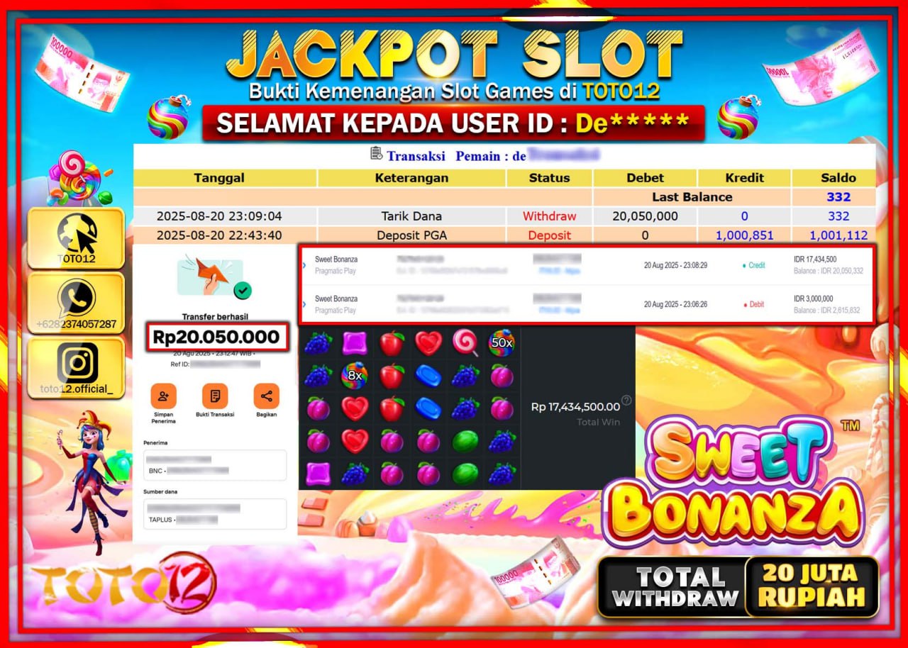 HANYA DI TOTO12 JP PASTI DI BAYAR LUNAS DAN CEPAT!!!!!! JACKPOT SLOT GAME (SWEET BONANZA) Rp.20.050.000 !!!!