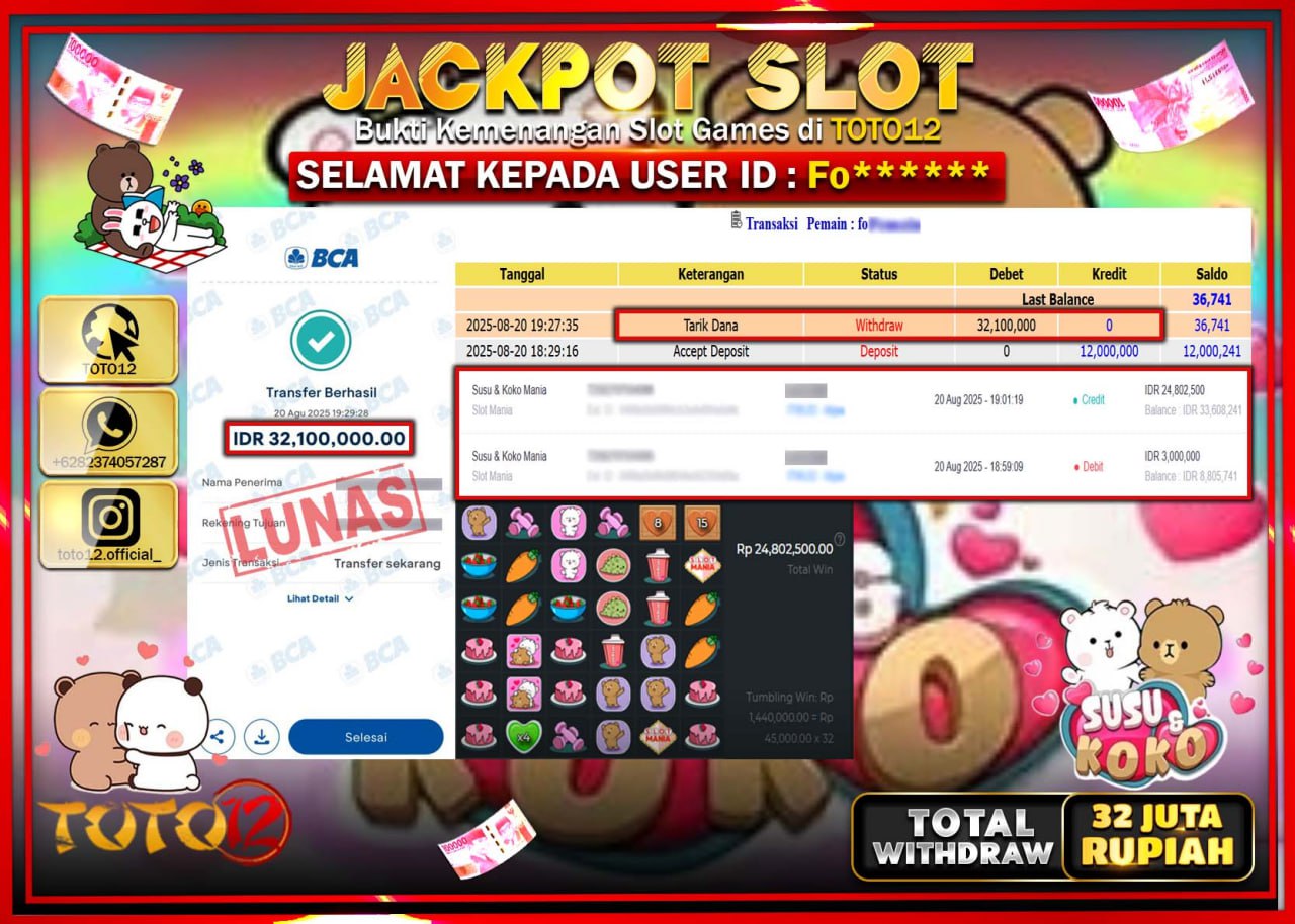 HANYA DI TOTO12 JP PASTI DI BAYAR LUNAS DAN CEPAT!!!!!! JACKPOT SLOT GAME (SUSU & KOKO) Rp.32.100.000 !!!!