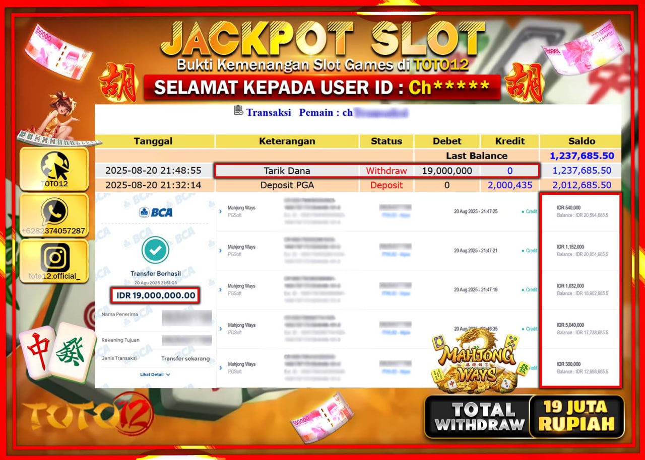 HANYA DI TOTO12 JP PASTI DI BAYAR LUNAS DAN CEPAT!!!!!! JACKPOT SLOT GAME (MAHJONG WAYS) Rp.19.000.000 !!!!
