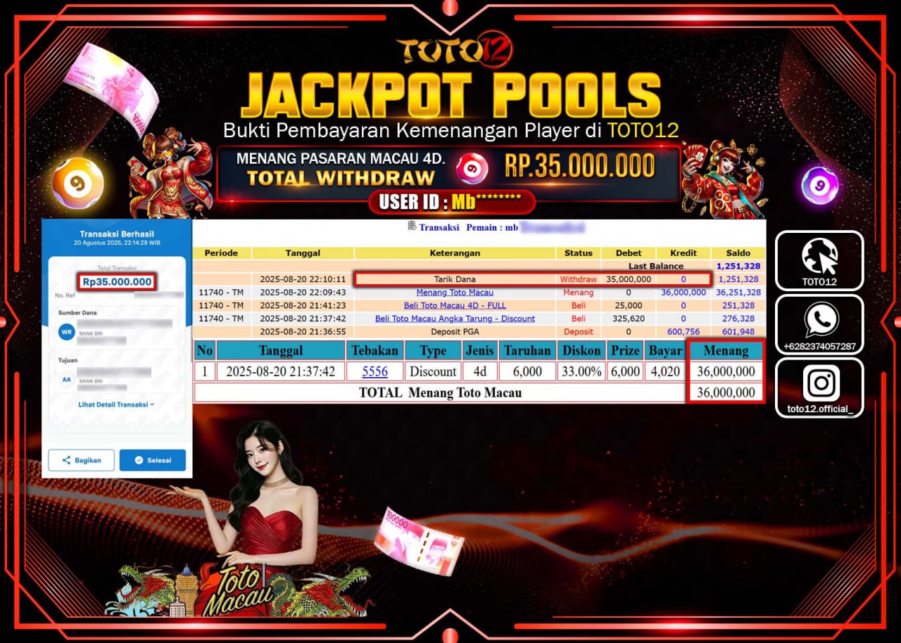 HANYA DI TOTO12 JP PASTI DI BAYAR LUNAS DAN CEPAT!!!!!! JACKPOT POOLS PASARAN (MACAU 4D) Rp.35.000.000 !!!!