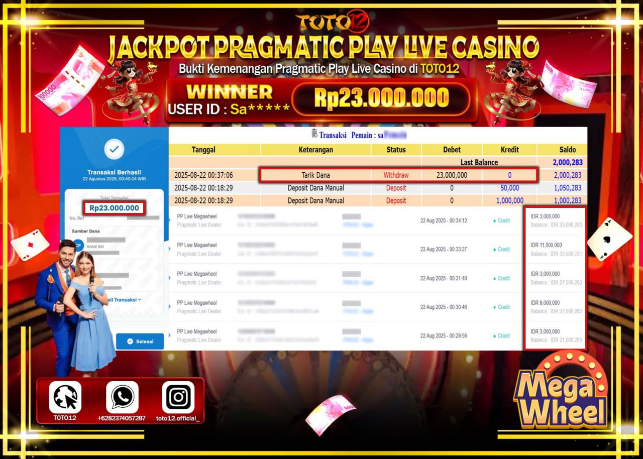 HANYA DI TOTO12 JP PASTI DI BAYAR LUNAS DAN CEPAT!!!!!! JACKPOT PRAGMATIC PLAY LIVE CASINO (MEGA WHEEL) Rp.23.000.000 !!!!