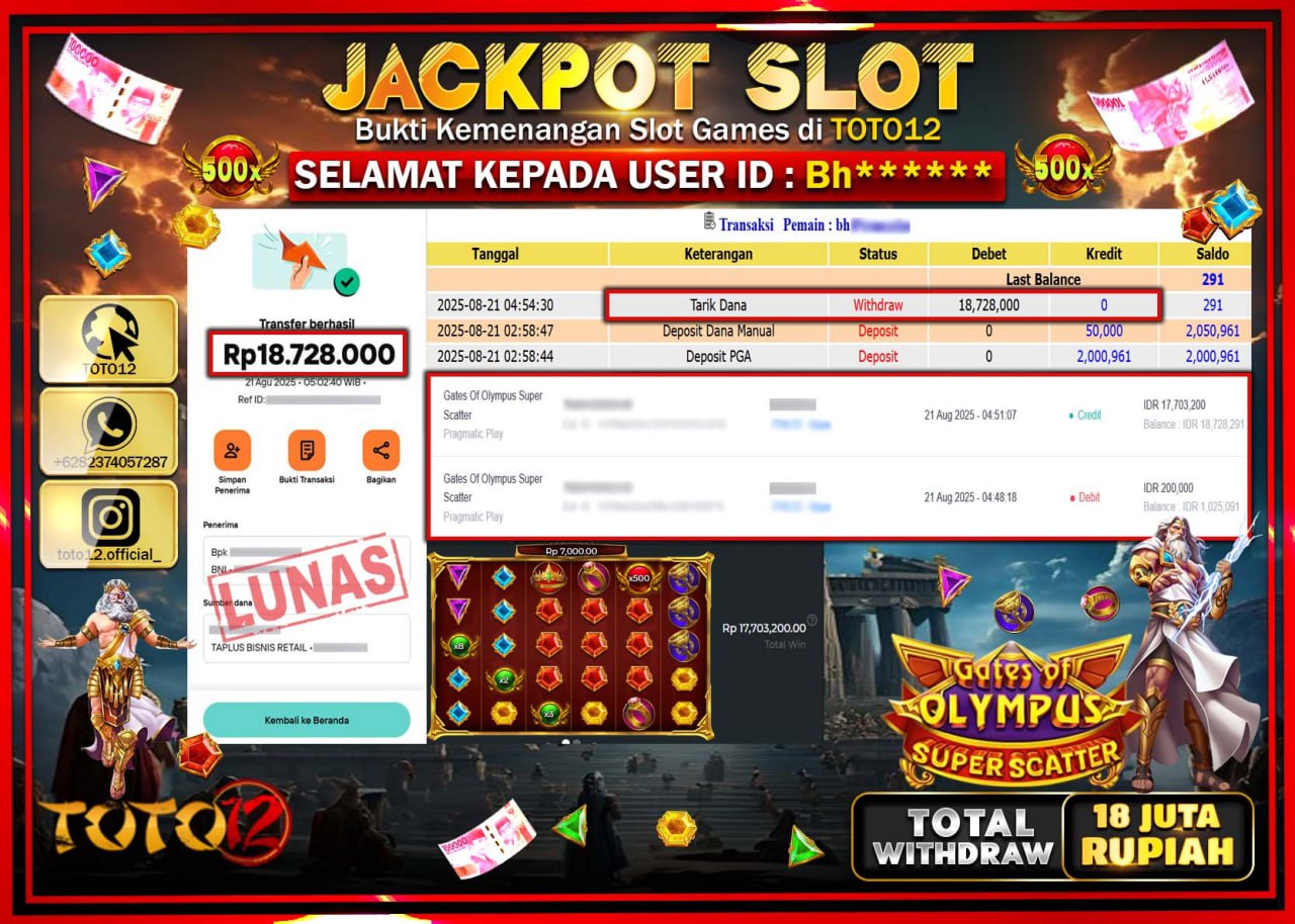 HANYA DI TOTO12 JP PASTI DI BAYAR LUNAS DAN CEPAT!!!!!! JACKPOT SLOT GAME (GATES OF OLYMPUS SUPER SCATTER) Rp.18.728.000 !!!!