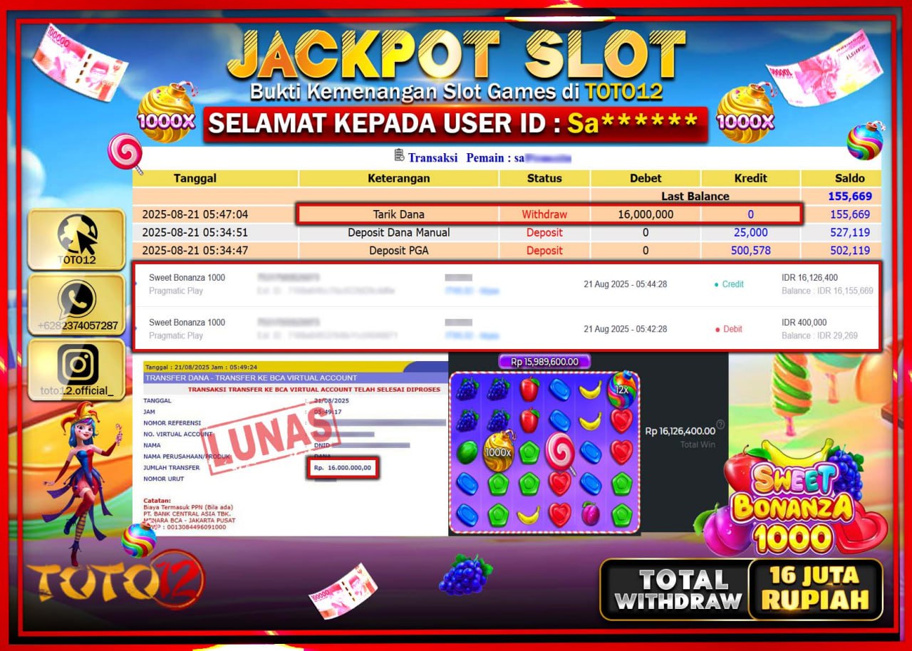 HANYA DI TOTO12 JP PASTI DI BAYAR LUNAS DAN CEPAT!!!!!! JACKPOT SLOT GAME (SWEET BONANZA 1000) Rp.16.000.000 !!!!