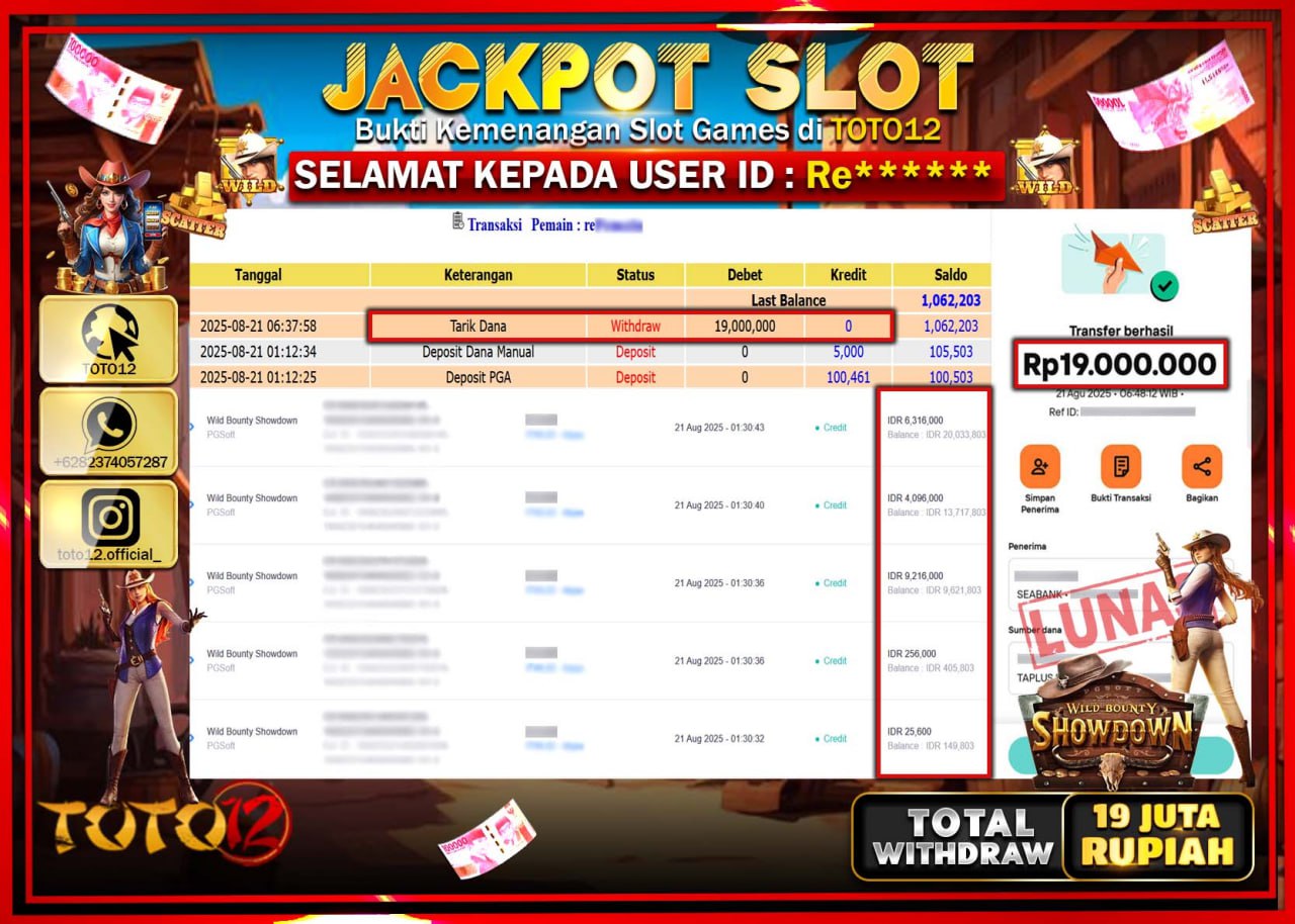 HANYA DI TOTO12 JP PASTI DI BAYAR LUNAS DAN CEPAT!!!!!! JACKPOT SLOT GAME (WILD BOUNTY SHOWDOWN) Rp.19.000.000 !!!!
