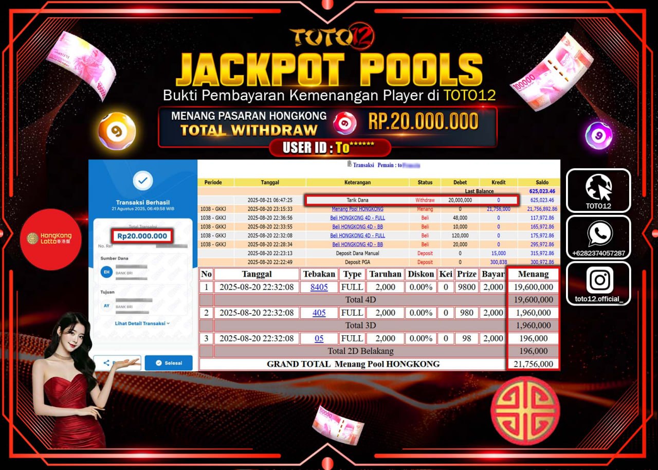 HANYA DI TOTO12 JP PASTI DI BAYAR LUNAS DAN CEPAT!!!!!! JACKPOT POOLS PASARAN (HONGKONG) Rp.20.000.000 !!!!