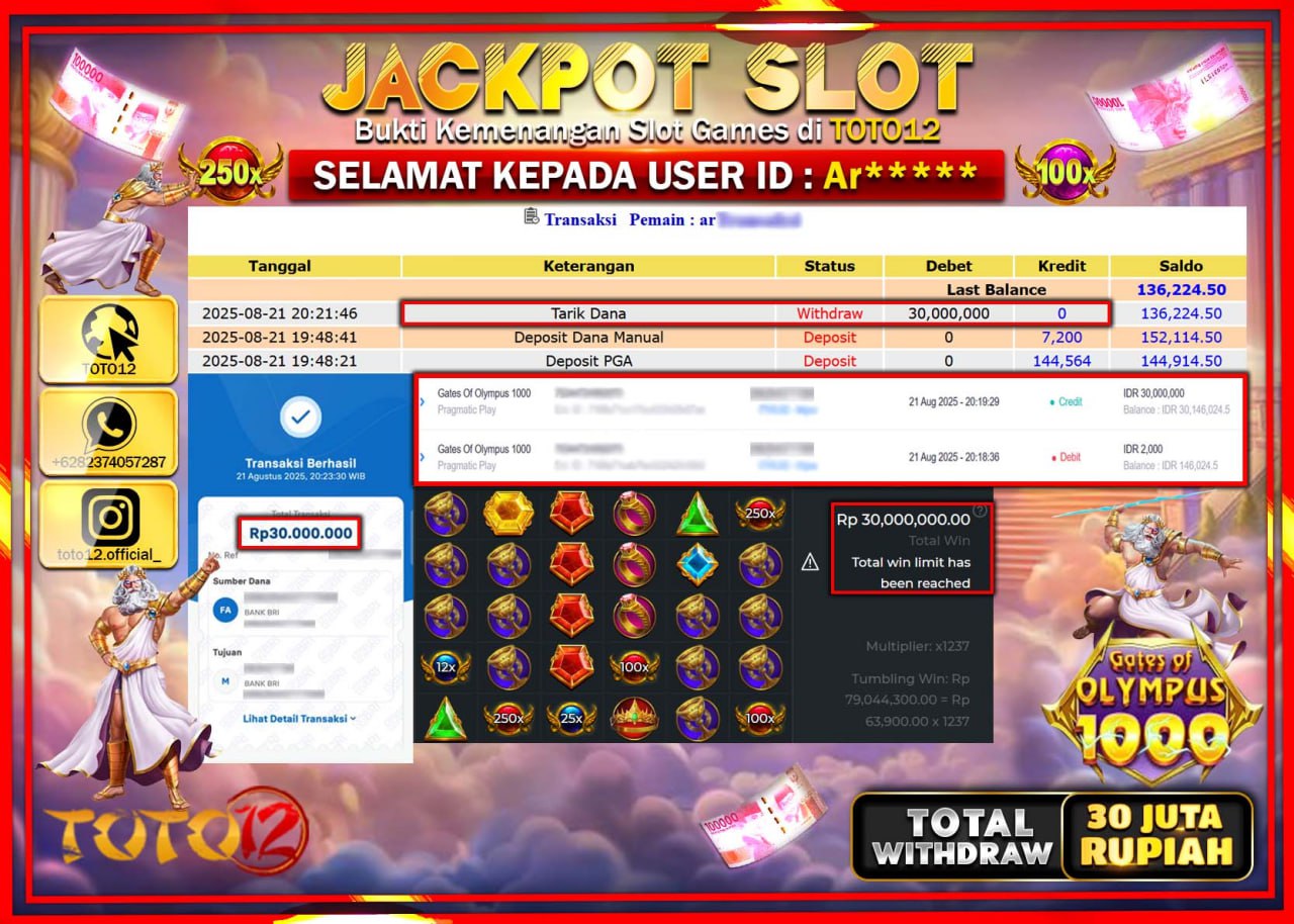 HANYA DI TOTO12 JP PASTI DI BAYAR LUNAS DAN CEPAT!!!!!! JACKPOT SLOT GAME (GATES OF OLYMPUS 1000) Rp.30.000.000 !!!!