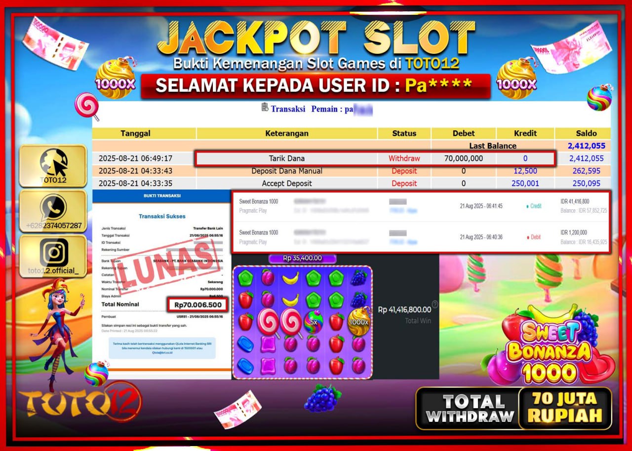 HANYA DI TOTO12 JP PASTI DI BAYAR LUNAS DAN CEPAT!!!!!! JACKPOT SLOT GAME (SWEET BONANZA 1000) Rp.70.000.000 !!!!