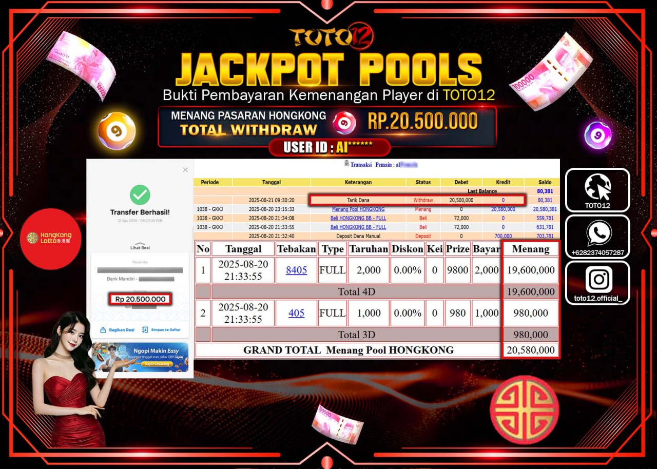HANYA DI TOTO12 JP PASTI DI BAYAR LUNAS DAN CEPAT!!!!!! JACKPOT POOLS PASARAN (HONGKONG) Rp.20.500.000 !!!!
