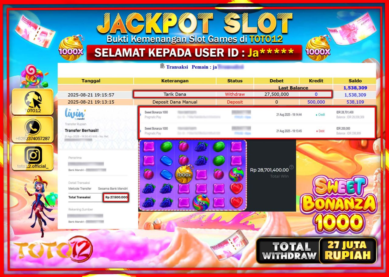 HANYA DI TOTO12 JP PASTI DI BAYAR LUNAS DAN CEPAT!!!!!! JACKPOT SLOT GAME (SWEET BONANZA 1000) Rp.27.500.000 !!!!