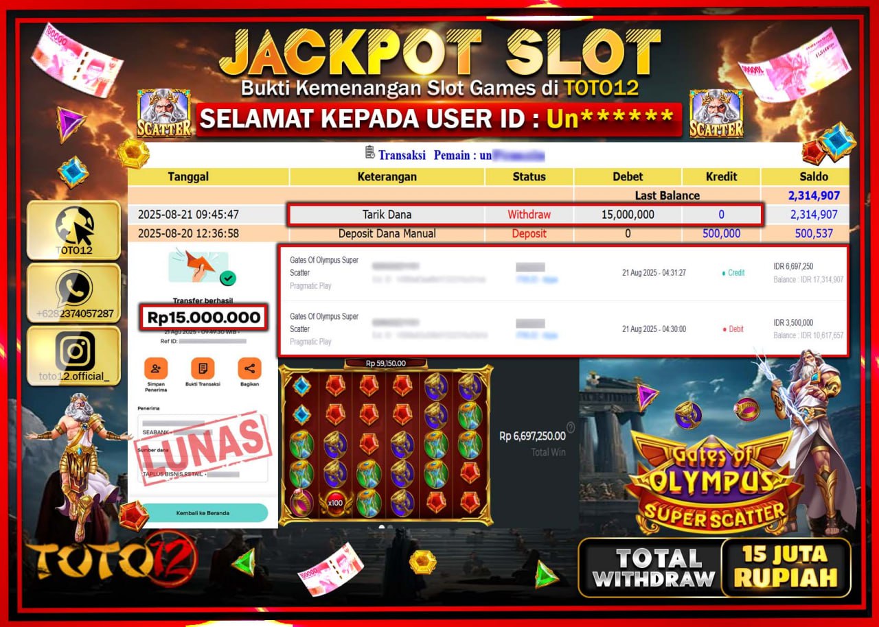 HANYA DI TOTO12 JP PASTI DI BAYAR LUNAS DAN CEPAT!!!!!! JACKPOT SLOT GAME (GATES OF OLYMPUS SUPER SCATTER) Rp.15.000.000 !!!!