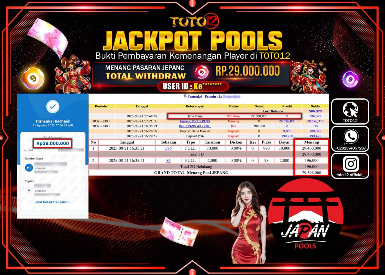 HANYA DI TOTO12 JP PASTI DI BAYAR LUNAS DAN CEPAT!!!!!! JACKPOT POOLS PASARAN (JEPANG) Rp.29.000.000 !!!!