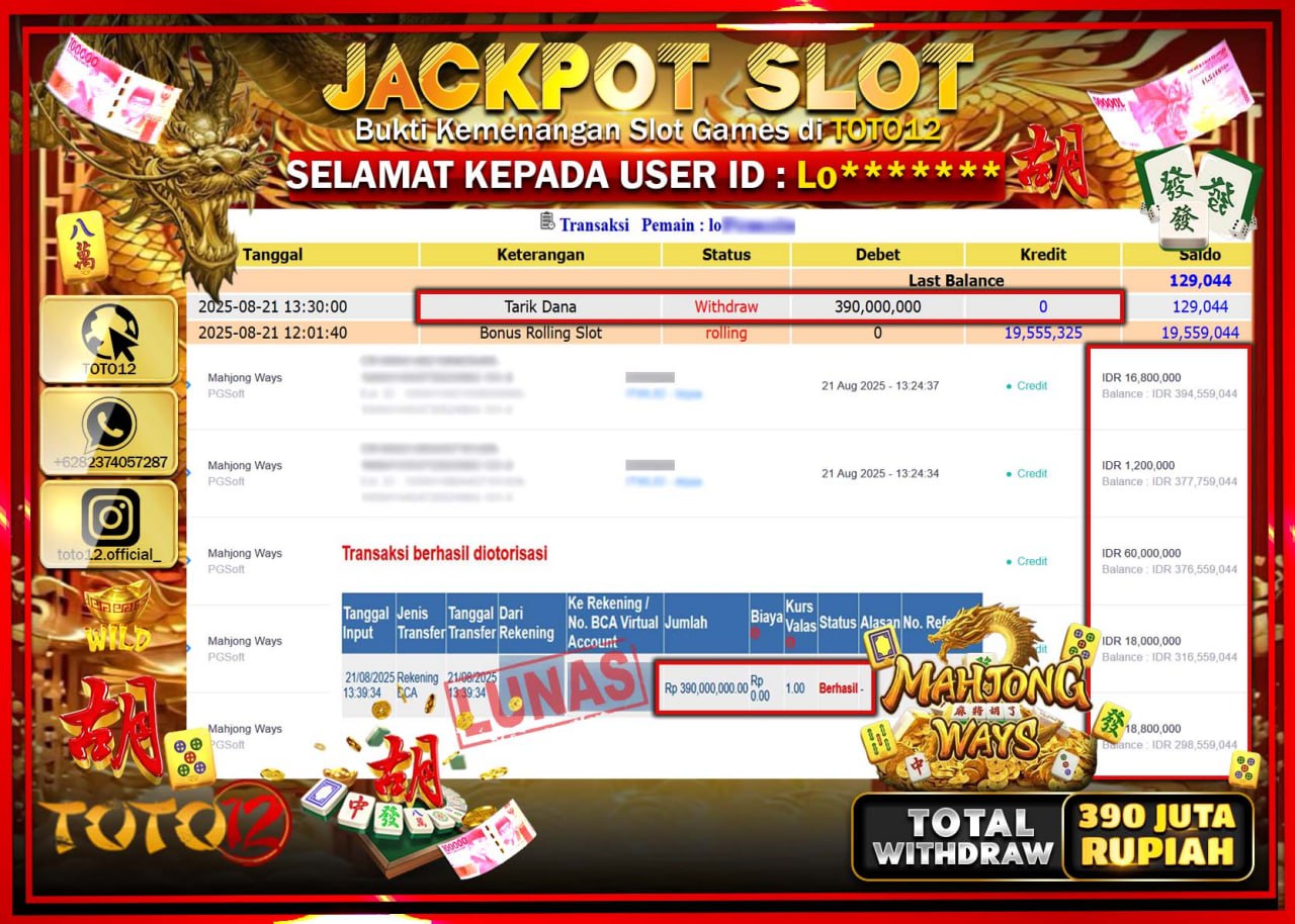 HANYA DI TOTO12 JP PASTI DI BAYAR LUNAS DAN CEPAT!!!!!! JACKPOT SLOT GAME (MAHJONG WAYS) Rp.390.000.000 !!!!