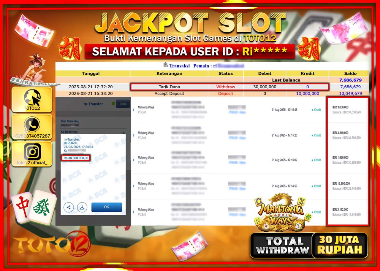 HANYA DI TOTO12 JP PASTI DI BAYAR LUNAS DAN CEPAT!!!!!! JACKPOT SLOT GAME (MAHJONG WAYS) Rp.30.000.000 !!!!