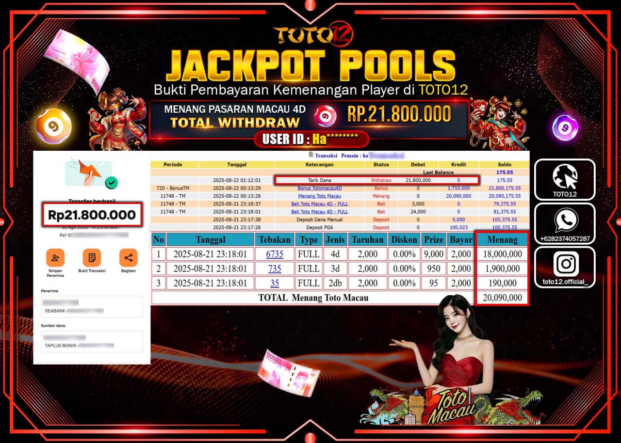 HANYA DI TOTO12 JP PASTI DI BAYAR LUNAS DAN CEPAT!!!!!! JACKPOT POOLS PASARAN (MACAU 4D) Rp.21.800.000 !!!!