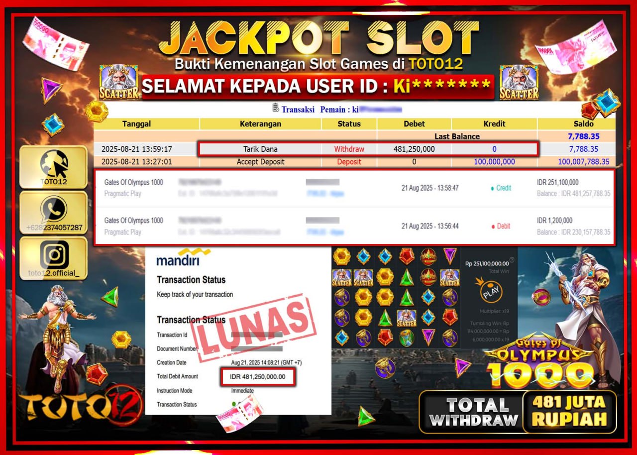 HANYA DI TOTO12 JP PASTI DI BAYAR LUNAS DAN CEPAT!!!!!! JACKPOT SLOT GAME (GATES OF OLYMPUS 1000) Rp.481.250.000 !!!!