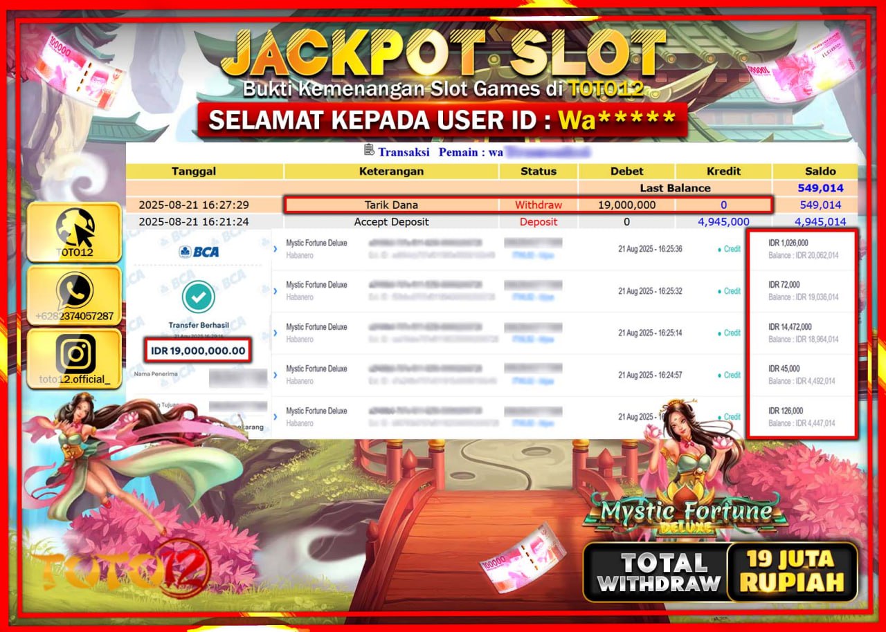 HANYA DI TOTO12 JP PASTI DI BAYAR LUNAS DAN CEPAT!!!!!! JACKPOT SLOT GAME (MYSTIC FORTUNE DELUXE) Rp.19.000.000 !!!!