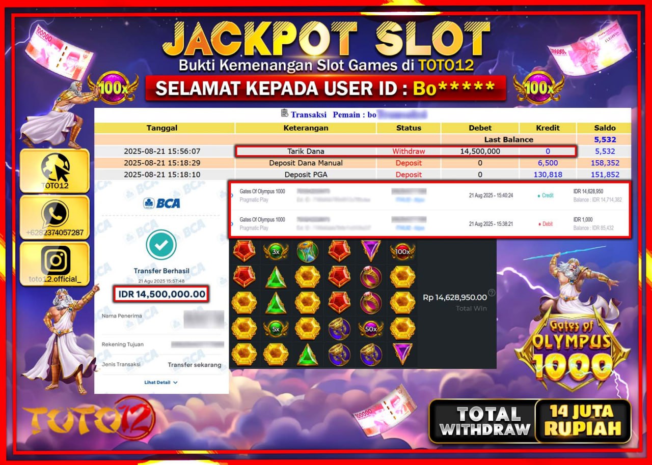 HANYA DI TOTO12 JP PASTI DI BAYAR LUNAS DAN CEPAT!!!!!! JACKPOT SLOT GAME (GATES OF OLYMPUS 1000) Rp.14.500.000 !!!!