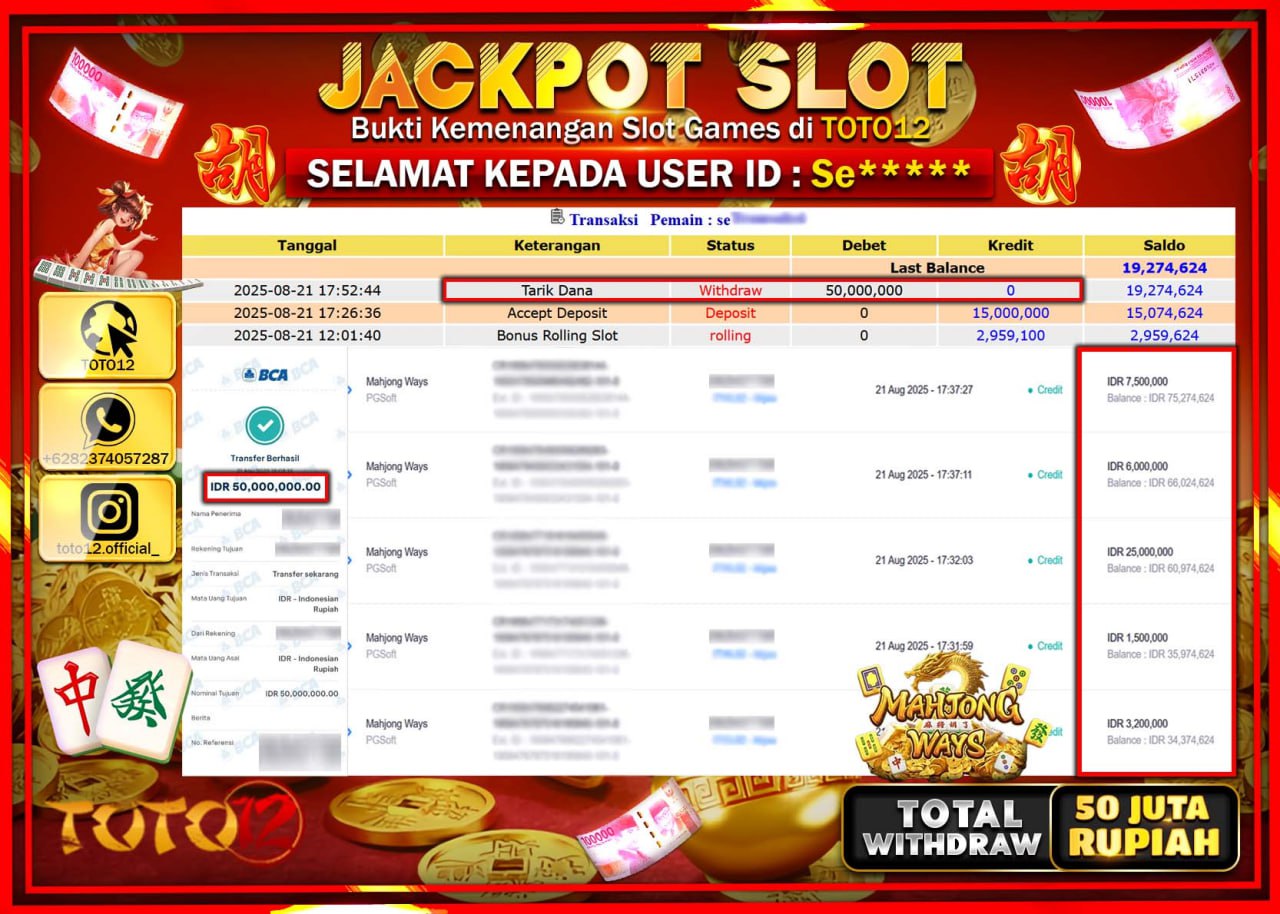 HANYA DI TOTO12 JP PASTI DI BAYAR LUNAS DAN CEPAT!!!!!! JACKPOT SLOT GAME (MAHJONG WAYS) Rp.50.000.000 !!!!