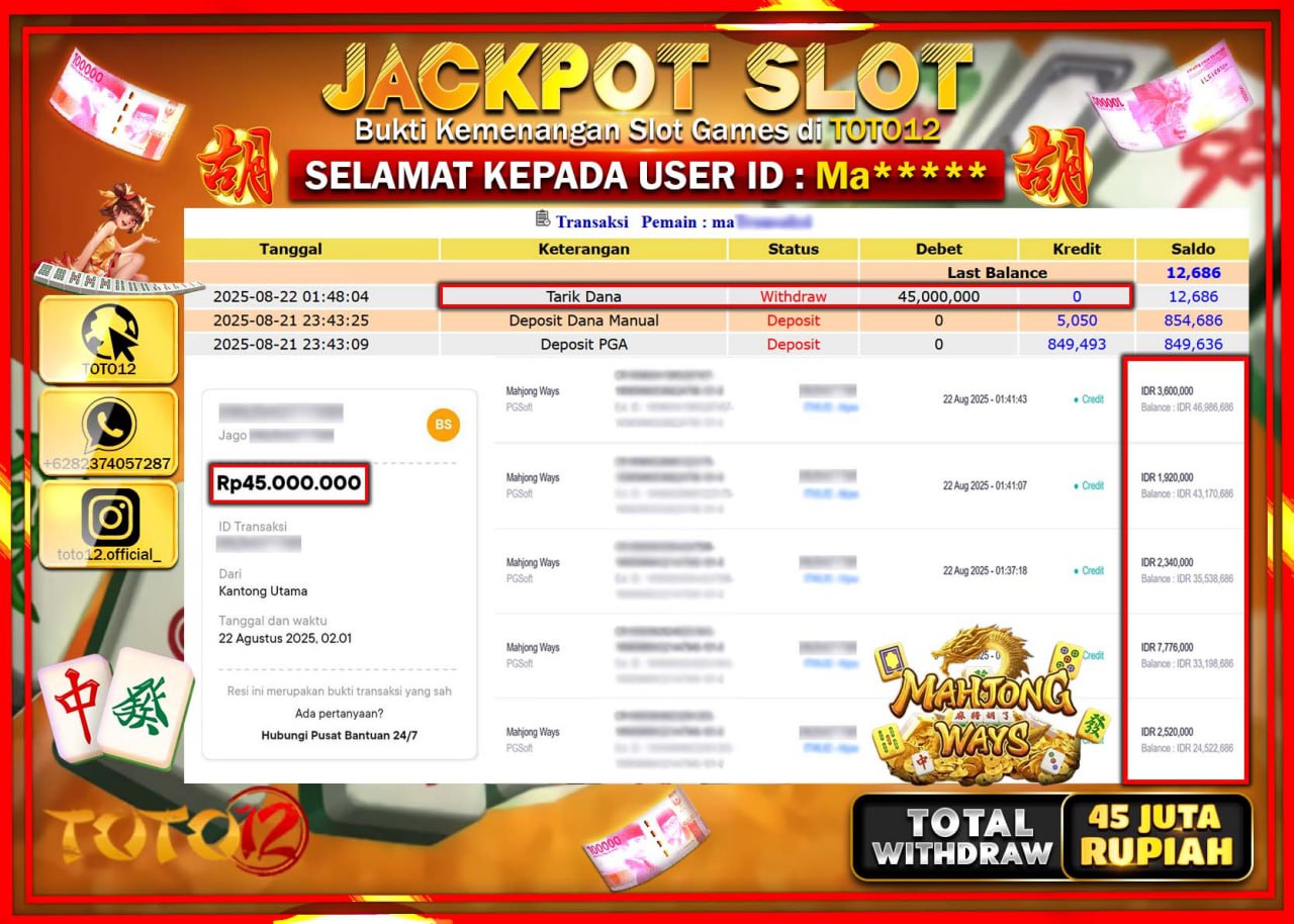 HANYA DI TOTO12 JP PASTI DI BAYAR LUNAS DAN CEPAT!!!!!! JACKPOT SLOT GAME (MAHJONG WAYS) Rp.45.000.000 !!!!
