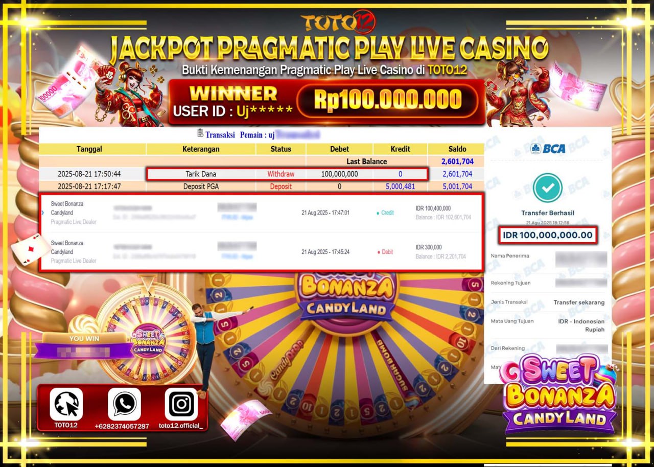 HANYA DI TOTO12 JP PASTI DI BAYAR LUNAS DAN CEPAT!!!!!! JACKPOT PRAGMATIC PLAY LIVE CASINO (SWEET BONANZA CANDY LAND) Rp.100.000.000 !!!!