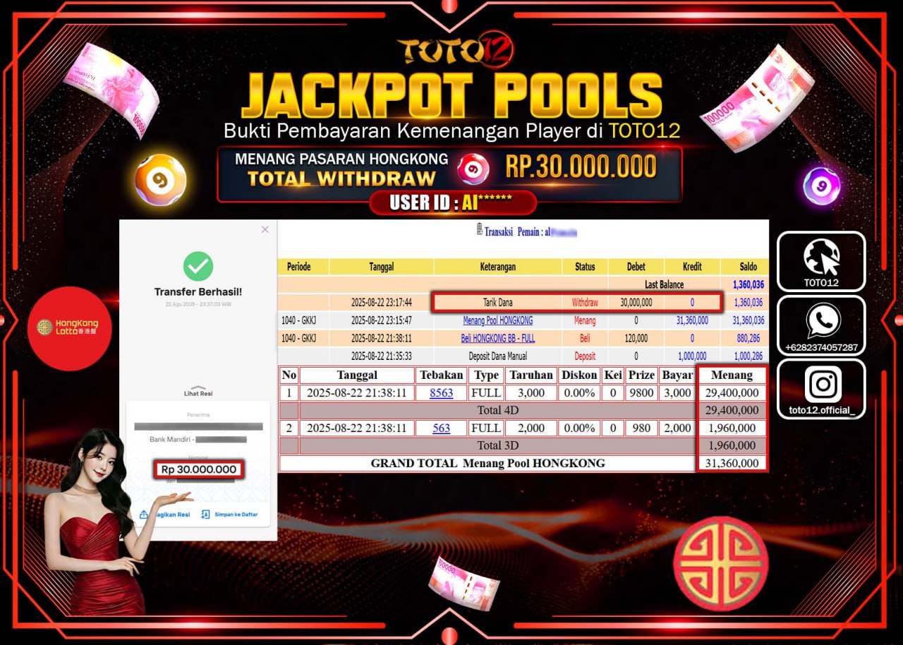 HANYA DI TOTO12 JP PASTI DI BAYAR LUNAS DAN CEPAT!!!!!! JACKPOT POOLS PASARAN (HONGKONG) Rp.30.000.000 !!!!