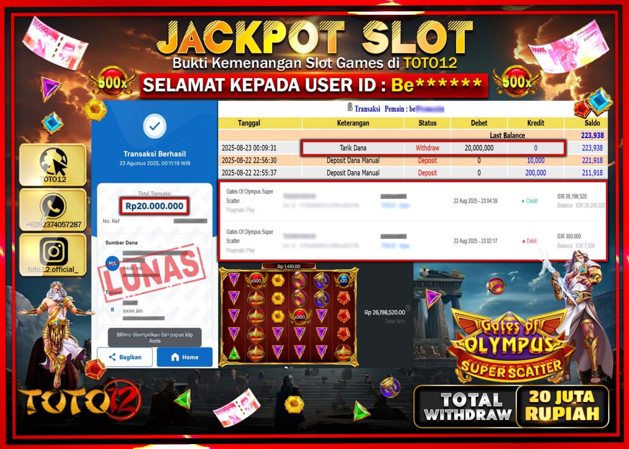 HANYA DI TOTO12 JP PASTI DI BAYAR LUNAS DAN CEPAT!!!!!! JACKPOT SLOT GAME (GATES OF OLYMPUS SUPER SCATTER) Rp.20.000.000 !!!!