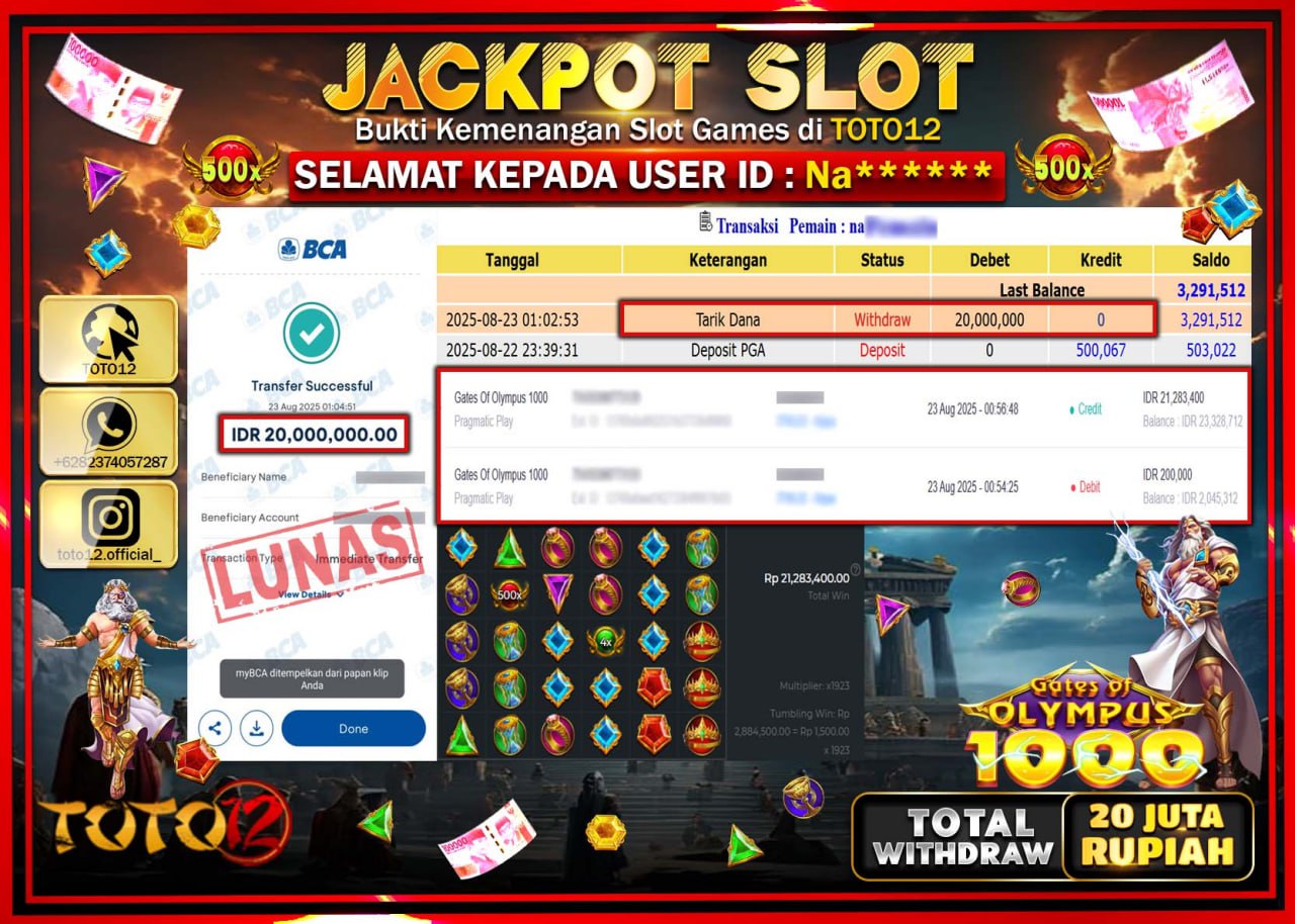 HANYA DI TOTO12 JP PASTI DI BAYAR LUNAS DAN CEPAT!!!!!! JACKPOT SLOT GAME (GATES OF OLYMPUS 1000) Rp.20.000.000 !!!!