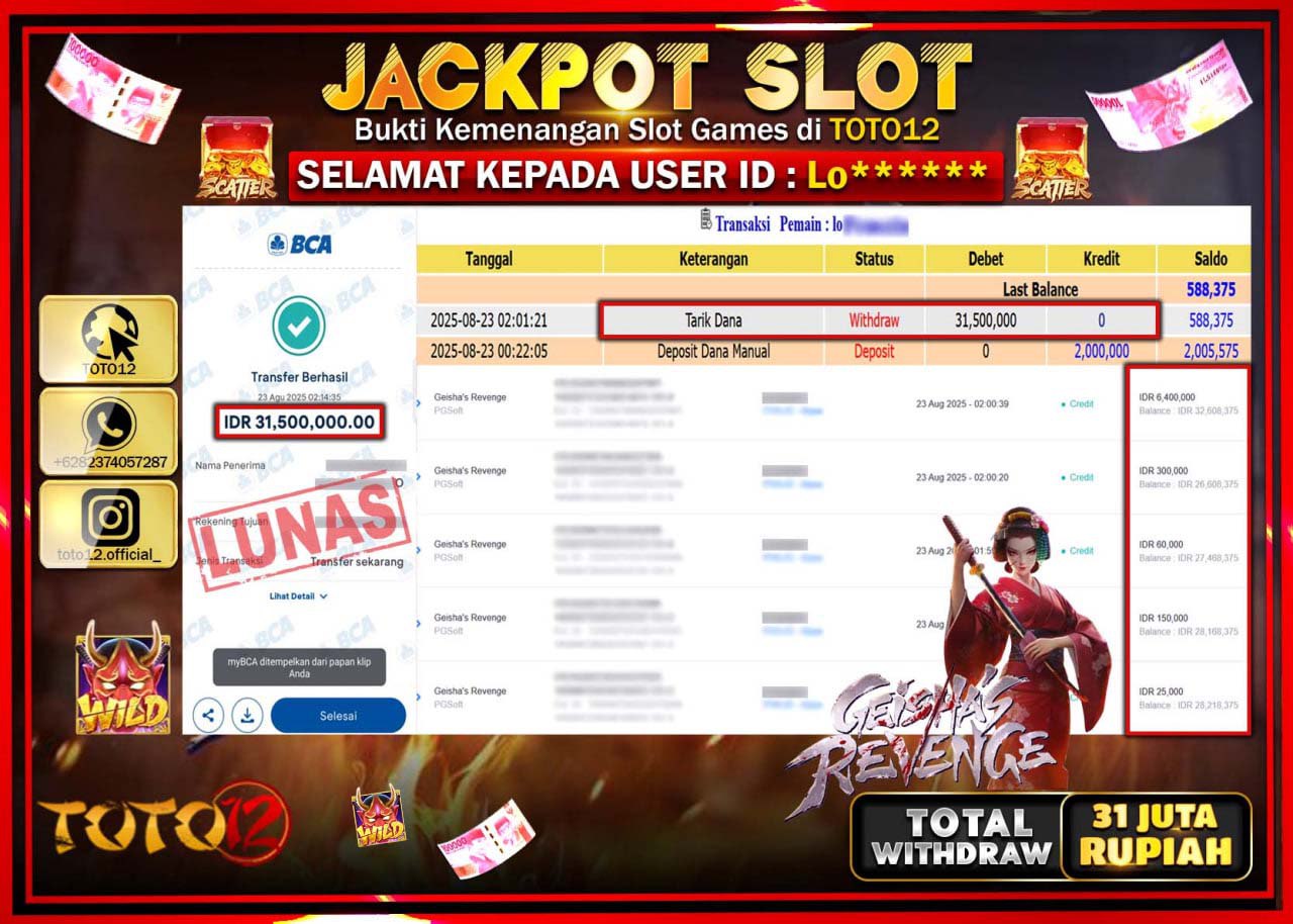 HANYA DI TOTO12 JP PASTI DI BAYAR LUNAS DAN CEPAT!!!!!! JACKPOT SLOT GAME (GEISHAS REVENGE) Rp.31.500.000 !!!!