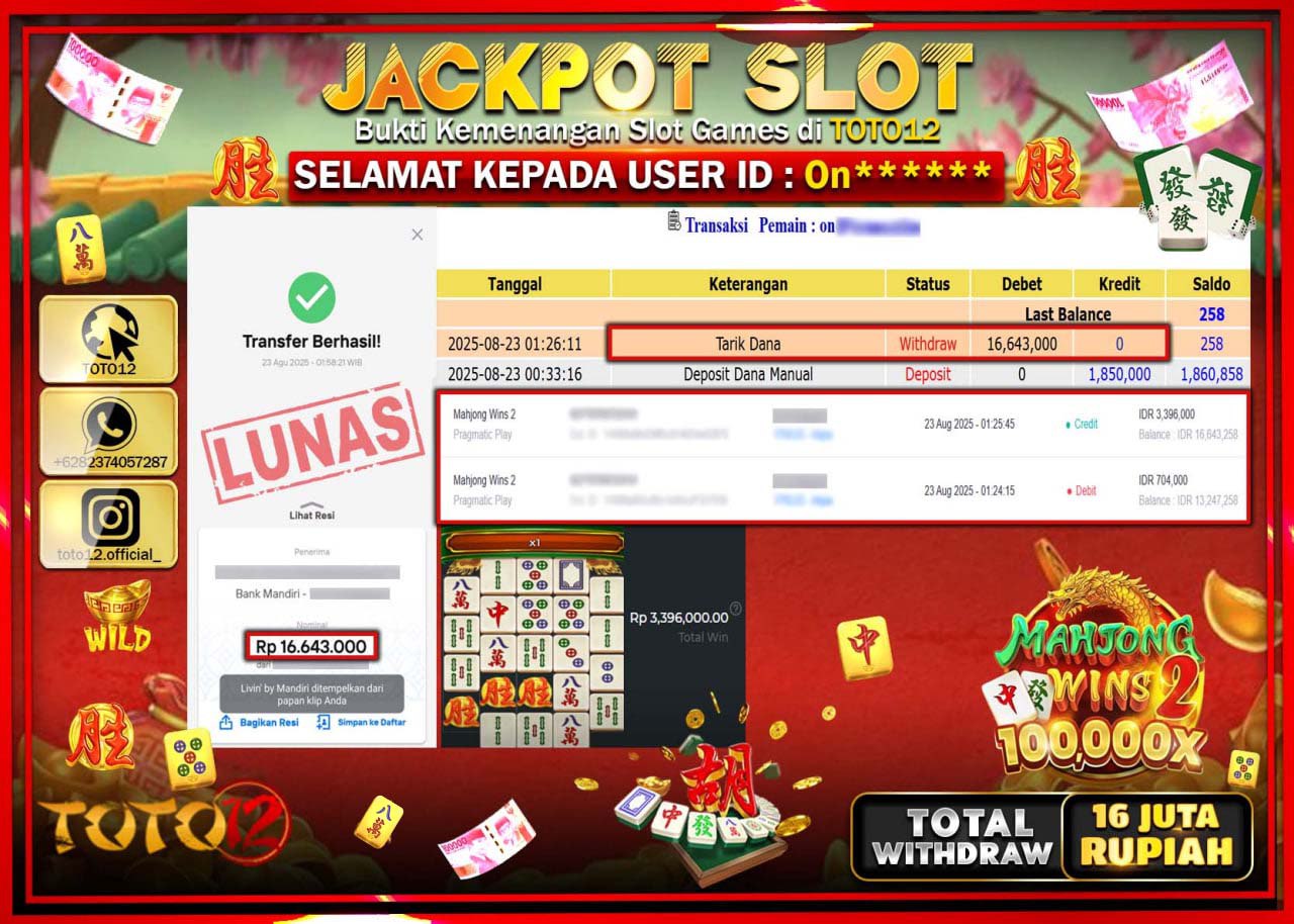 HANYA DI TOTO12 JP PASTI DI BAYAR LUNAS DAN CEPAT!!!!!! JACKPOT SLOT GAME (MAHJONG WINS 2) Rp.16.643.000 !!!!