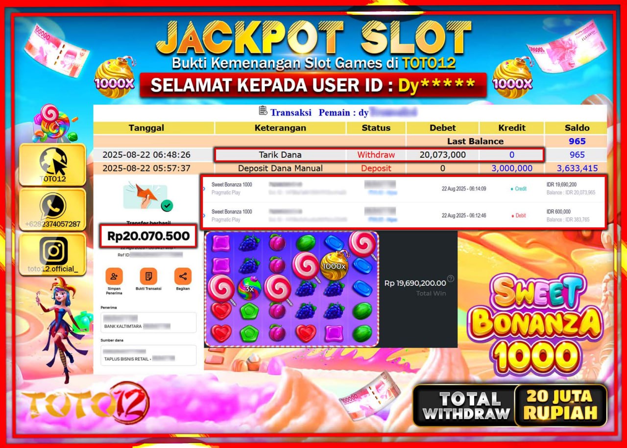 HANYA DI TOTO12 JP PASTI DI BAYAR LUNAS DAN CEPAT!!!!!! JACKPOT SLOT GAME (SWEET BONANZA 1000) Rp.20.073.000 !!!!