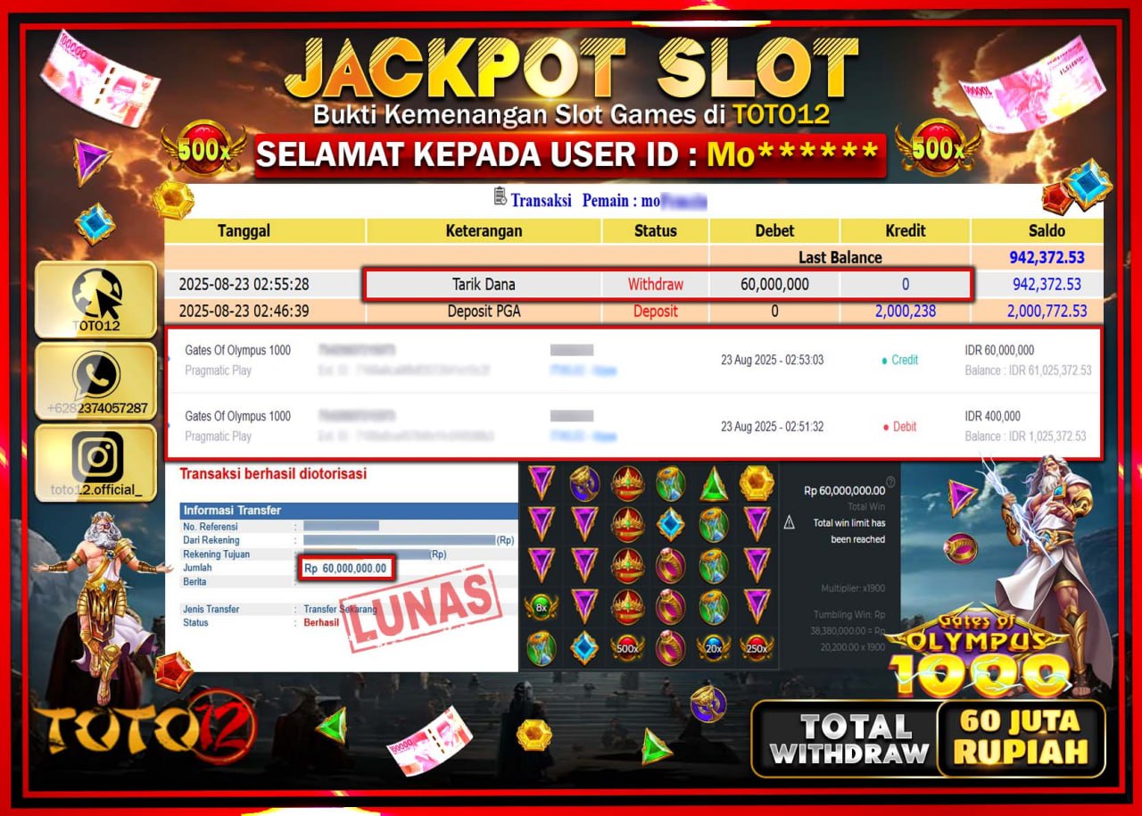 HANYA DI TOTO12 JP PASTI DI BAYAR LUNAS DAN CEPAT!!!!!! JACKPOT SLOT GAME (GATES OF OLYMPUS 1000) Rp.60.000.000 !!!!