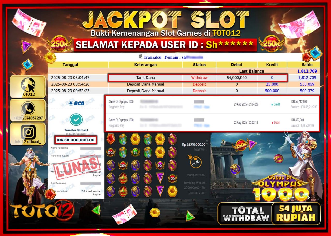 HANYA DI TOTO12 JP PASTI DI BAYAR LUNAS DAN CEPAT!!!!!! JACKPOT SLOT GAME (GATES OF OLYMPUS 1000) Rp.54.000.000 !!!!