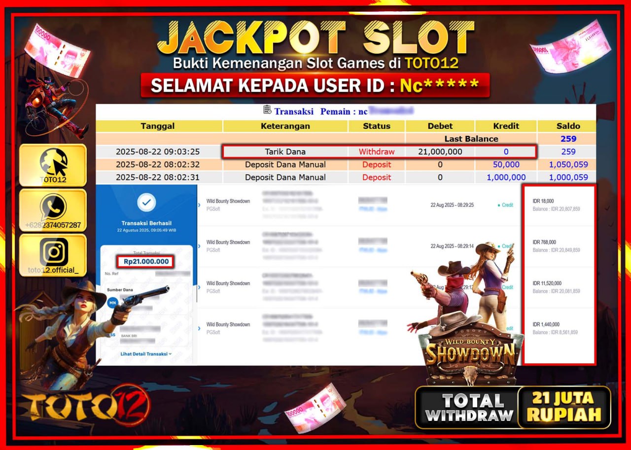 HANYA DI TOTO12 JP PASTI DI BAYAR LUNAS DAN CEPAT!!!!!! JACKPOT SLOT GAME (WILD BOUNTY SHOWDOWN) Rp.21.000.000 !!!!