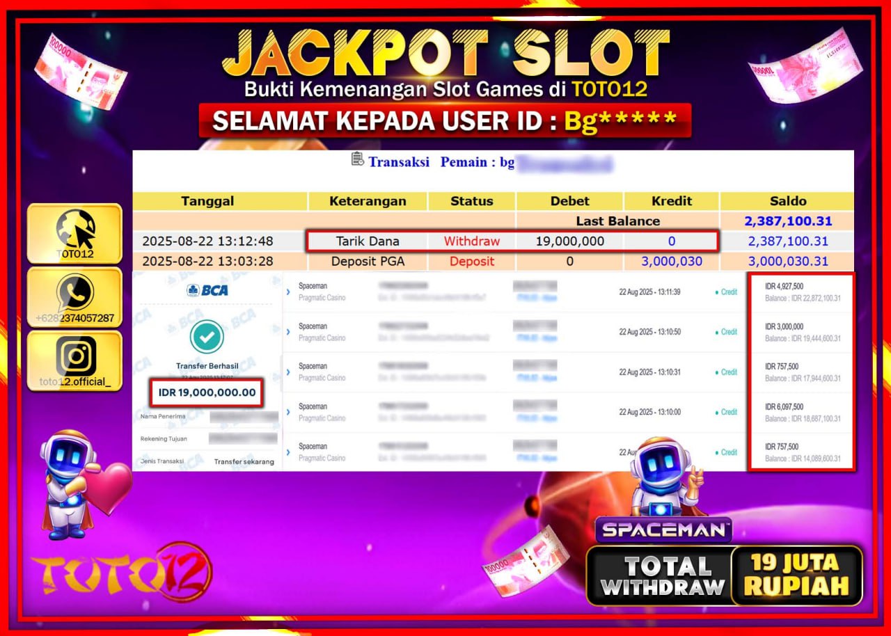 HANYA DI TOTO12 JP PASTI DI BAYAR LUNAS DAN CEPAT!!!!!! JACKPOT SLOT GAME (SPACEMAN) Rp.19.000.000 !!!!