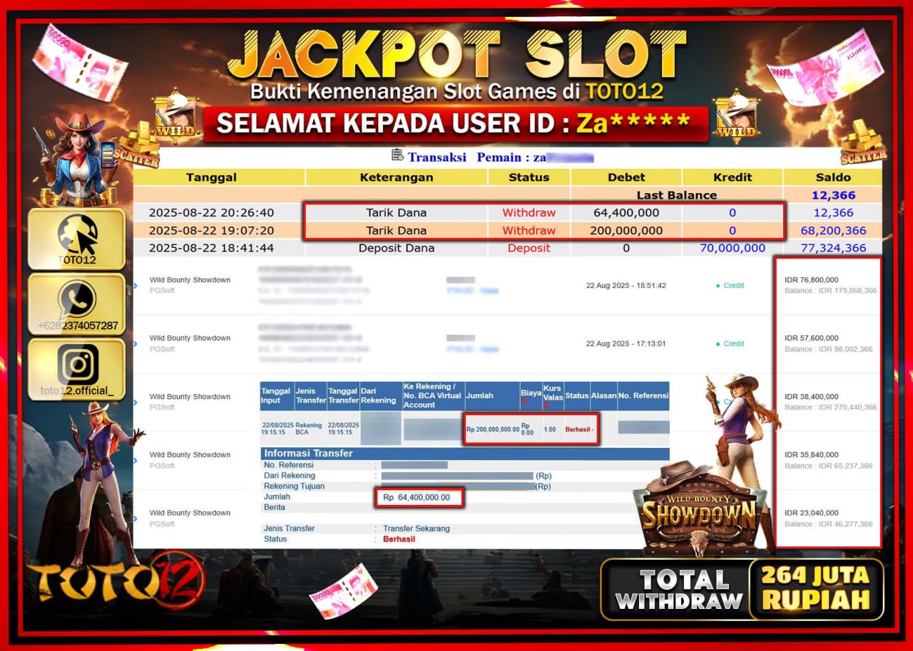 HANYA DI TOTO12 JP PASTI DI BAYAR LUNAS DAN CEPAT!!!!!! JACKPOT SLOT GAME (WILD BOUNTY SHOWDOWN) Rp.264.000.000 !!!!