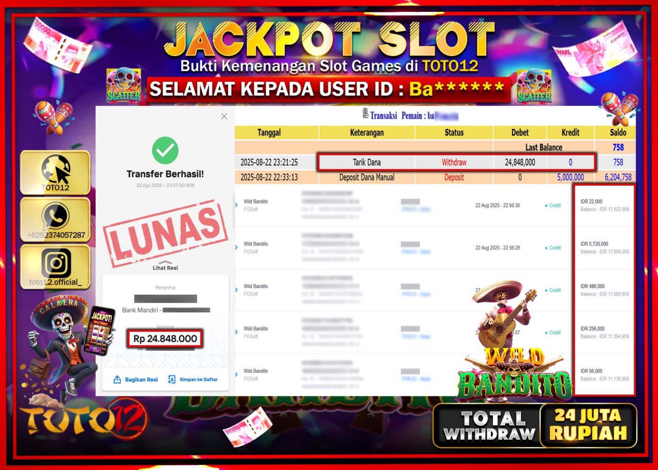 HANYA DI TOTO12 JP PASTI DI BAYAR LUNAS DAN CEPAT!!!!!! JACKPOT SLOT GAME (WILD BANDITO) Rp.24.848.000 !!!!