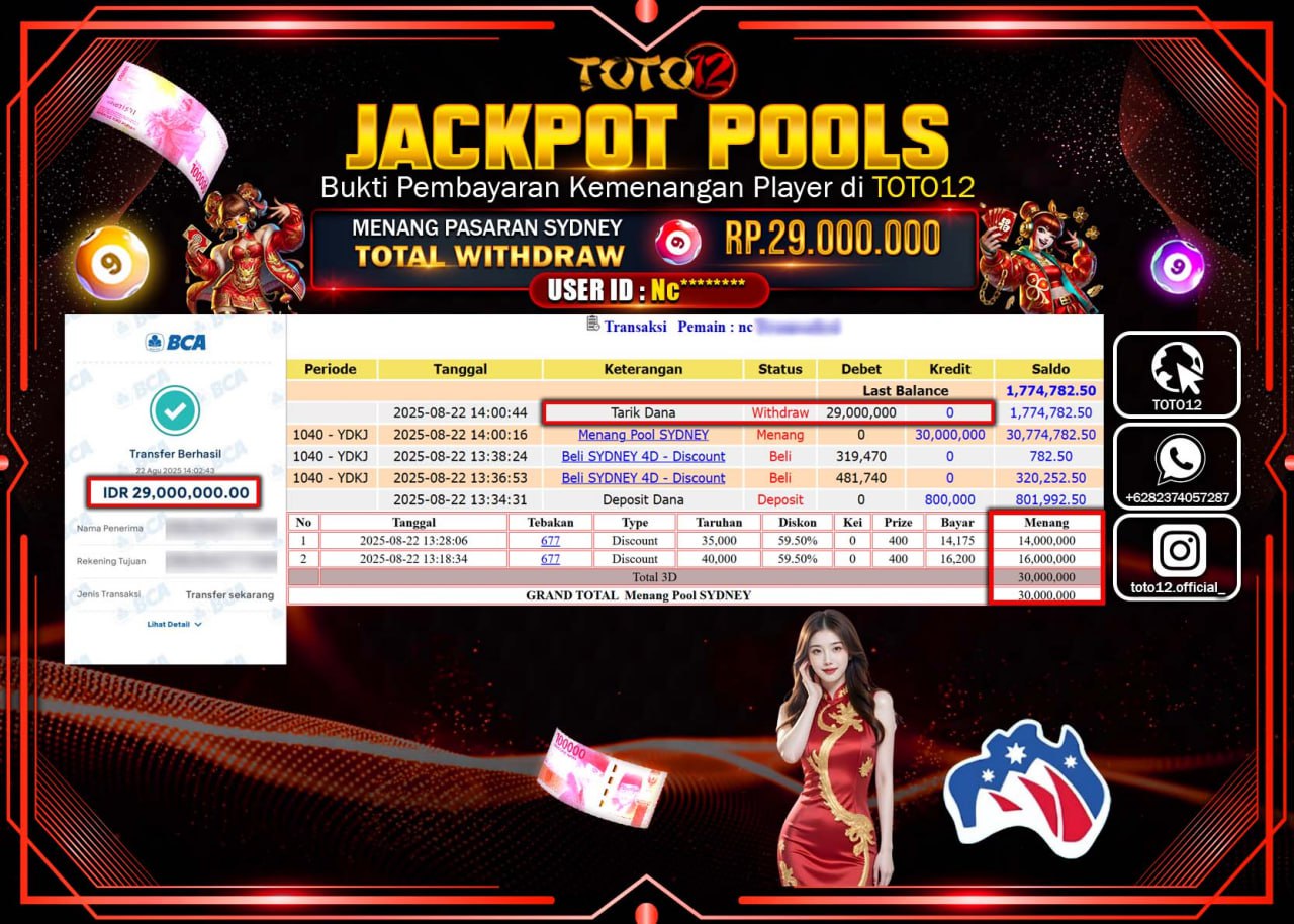 HANYA DI TOTO12 JP PASTI DI BAYAR LUNAS DAN CEPAT!!!!!! JACKPOT POOLS PASARAN (SYDNEY) Rp.29.000.000 !!!!