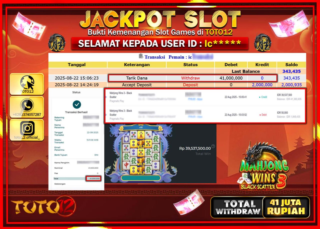 HANYA DI TOTO12 JP PASTI DI BAYAR LUNAS DAN CEPAT!!!!!! JACKPOT SLOT GAME (MAHJONG WINS 3 BLACK SCATTER) Rp.41.000.000 !!!!