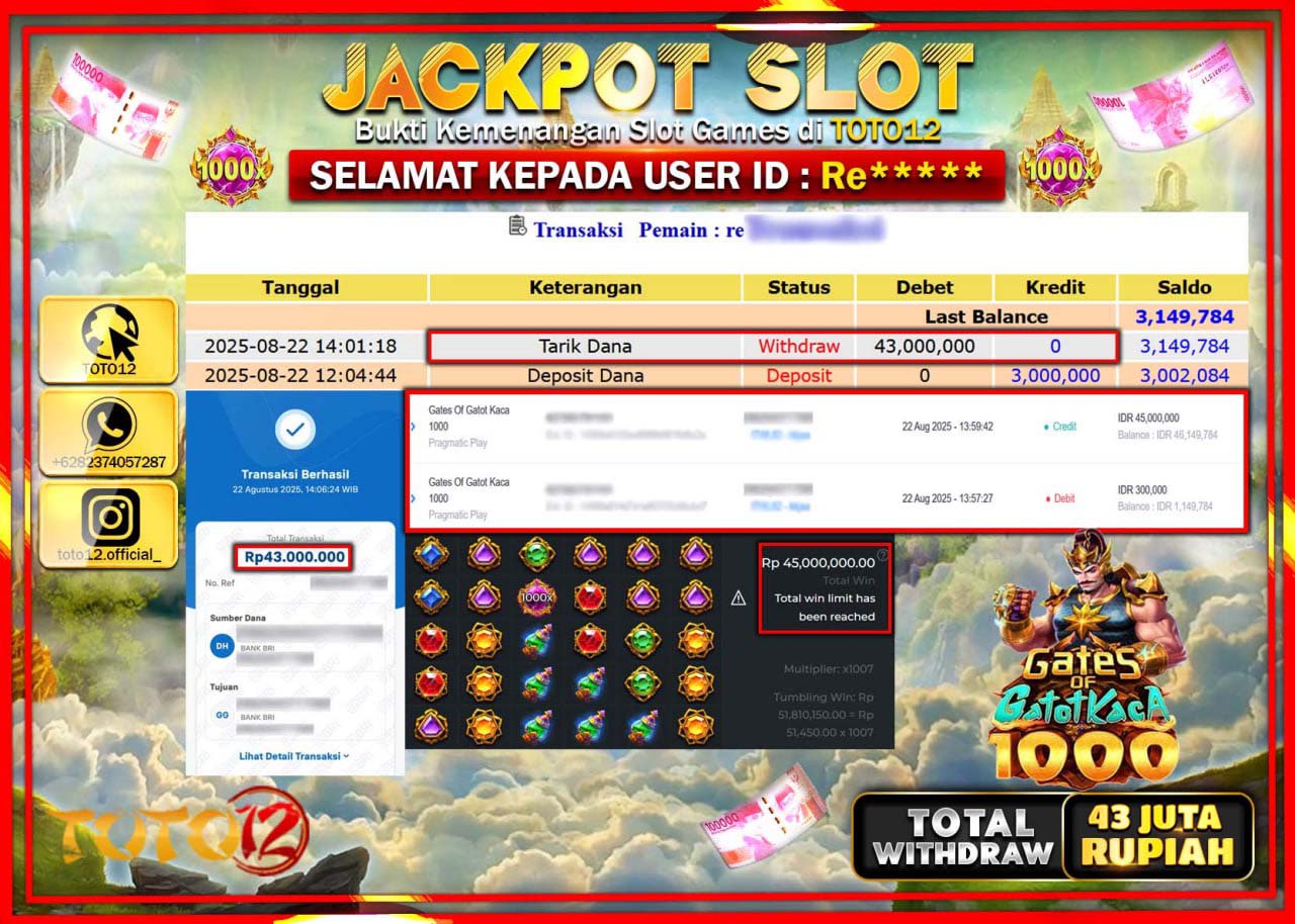 HANYA DI TOTO12 JP PASTI DI BAYAR LUNAS DAN CEPAT!!!!!! JACKPOT SLOT GAME (GATES OF GATOT KACA 1000) Rp.43.000.000 !!!!